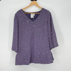 Vintage Adrianna Papell Studio Beaded Embellished Purple Silk Long‎ Sleeve Top M